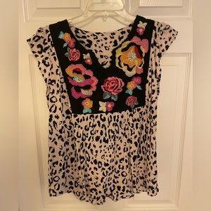 Adorable boho style leopard print with embroidery on front blouse
